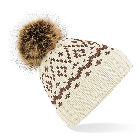 B411 Fair Isle Faux Fur Pop Pom Beanie